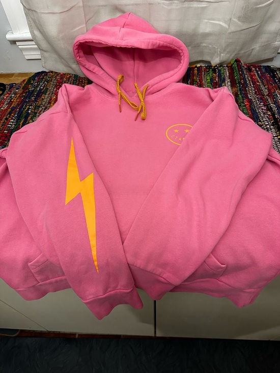 Starfit Tops - Hot Pink Hoodie Sweatshirt with Florescent Accent lightning bolt